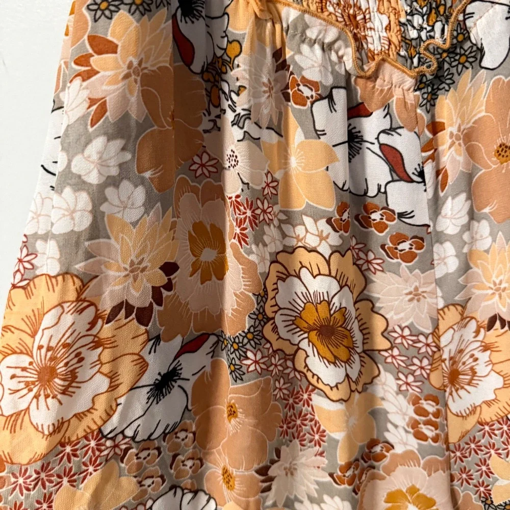 Kori Womens Floral Smocked Wide Leg Jumpsuit Spaghetti Strap Orange Boho Small